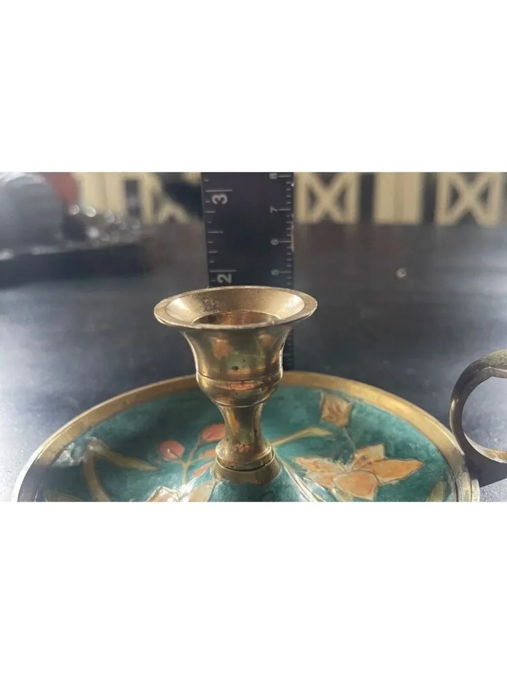 Vintage Brass and Enamel Floral Handheld Candle Holder